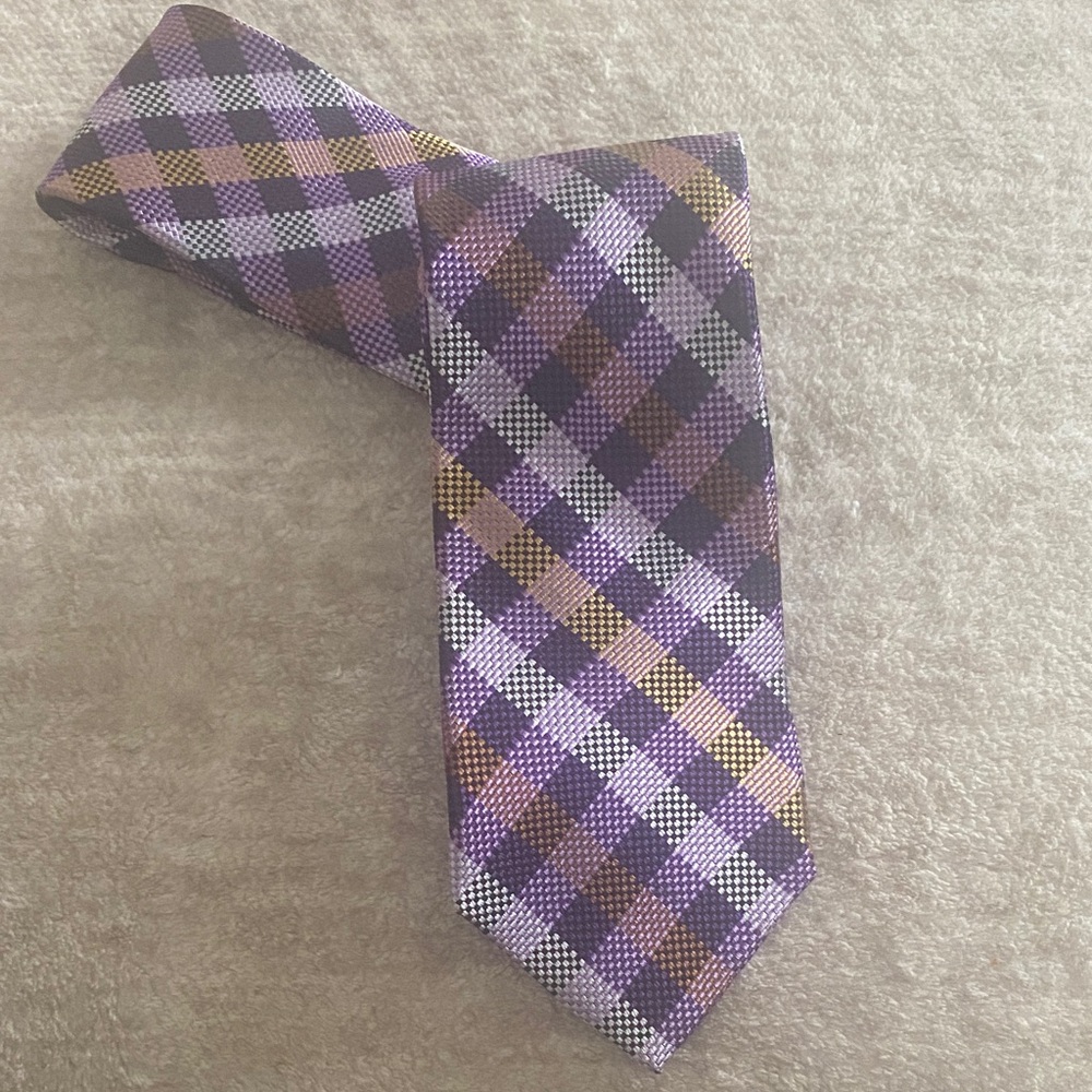Jhane Barnes Purple and Gold Plaid Tie 100% Silk